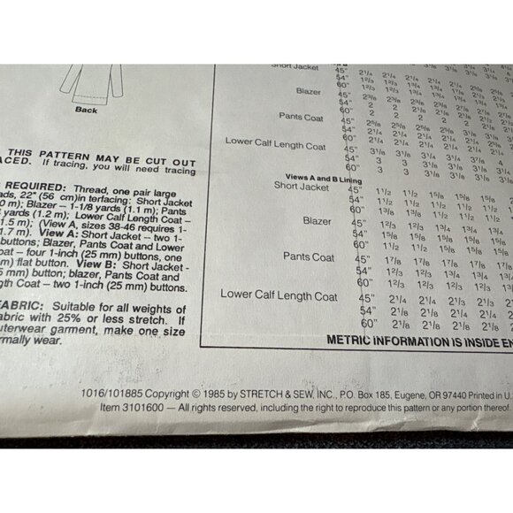 Stretch & Sew 1016 Notched & Shawl-Collar Jacket Sewing Pattern Bust Size 30-46 - Picture 4 of 5